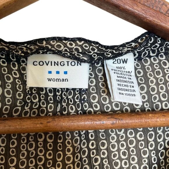 Covington Geometric Button Front Ruffle Neck Short Sleeve Blouse Black White 20W - Picture 6 of 8